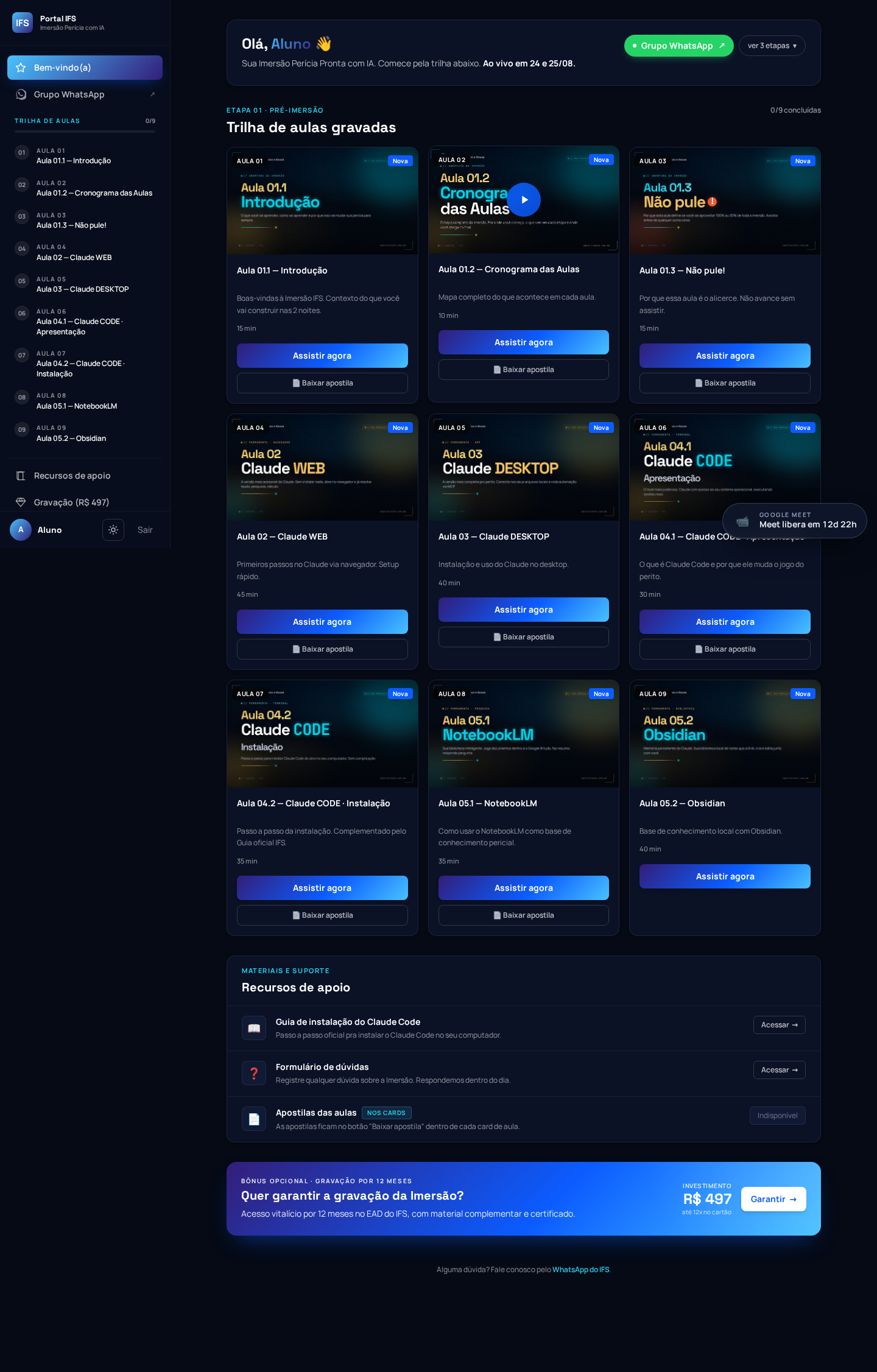 Painel do aluno — grid completo com aulas e materiais